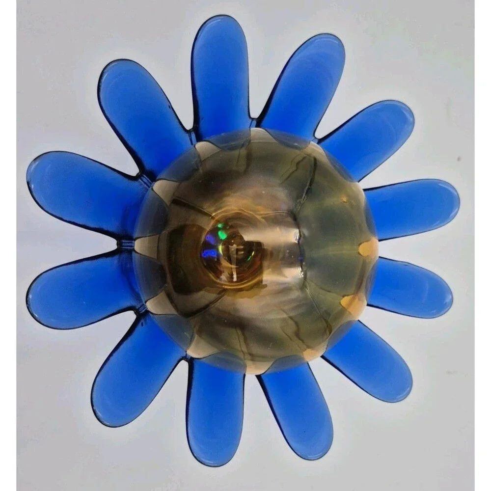 Cobalt Blue Heavy Art Glass Lotus Unique Candle Holder Vintage/ Amber Globe